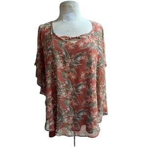 Cato est.1946 Floral Print Sheer Layered Women's Flutter Tunic Top 18/20W Orange